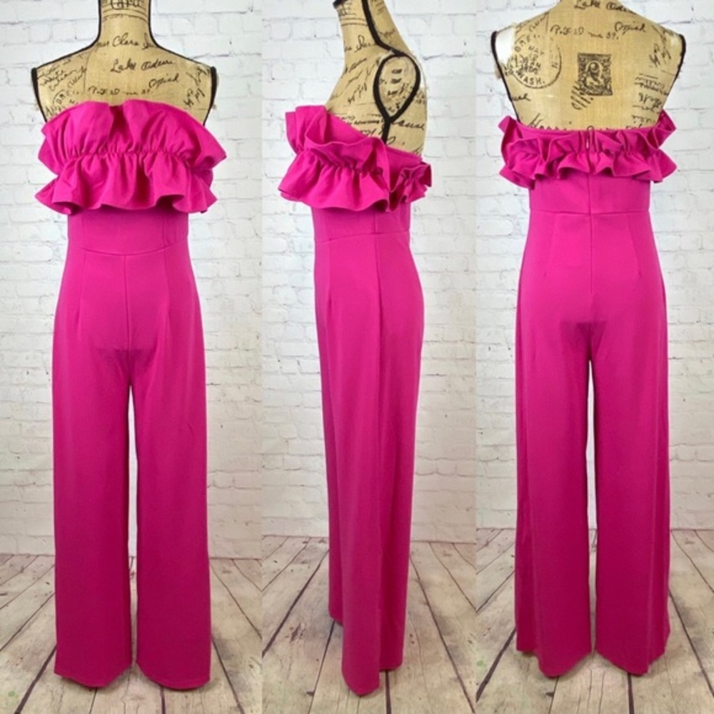 Dress Day Strapless Hot Pink Ruffled Wide Leg Jumpsuit